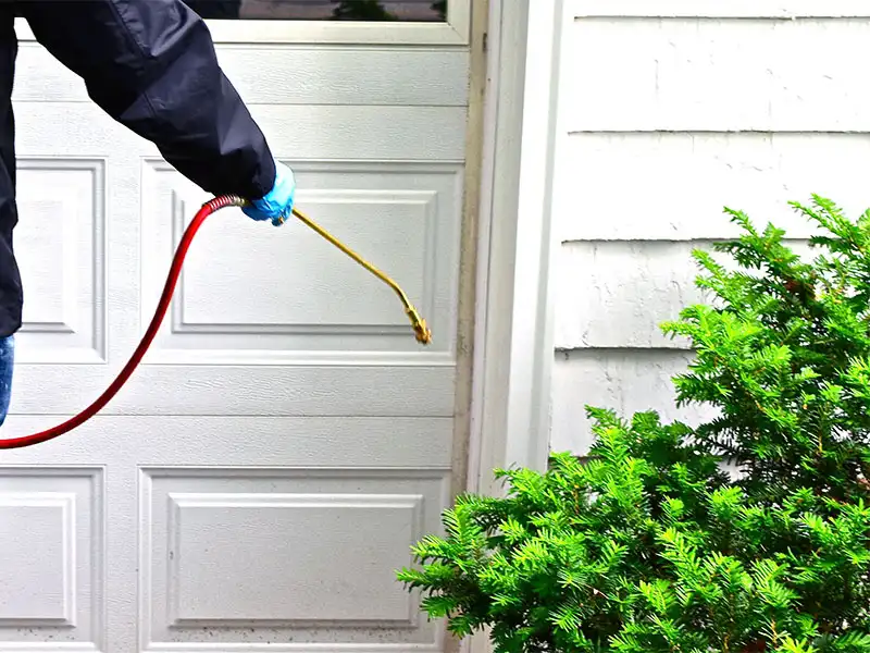 Pest control technician treating a home
